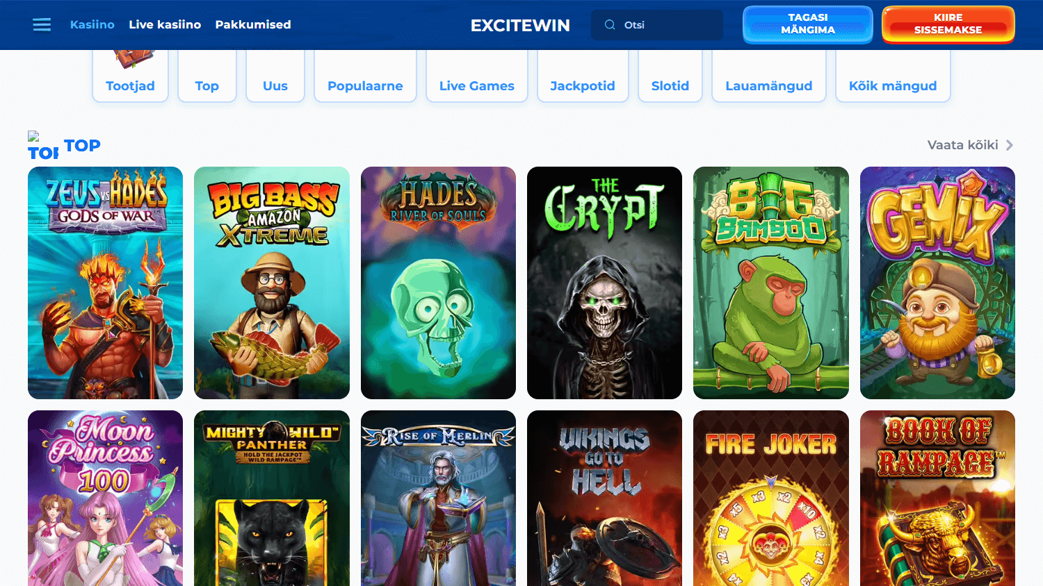 Screenshot des ExciteWin Casino Spielesaals auf dem Desktop, zeigt eine Übersicht von Slot-Spielen und Filteroptionen