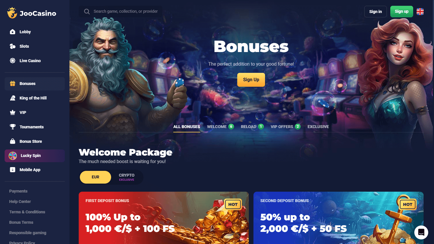 Joo casino bonus promotions interface showing wagering terms