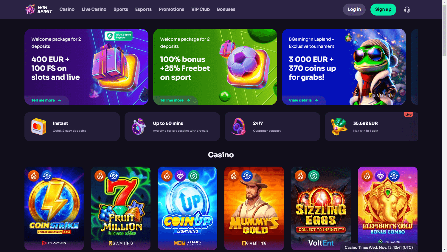 Winspirit Casino desktop interface showcasing game lobby and promotions
