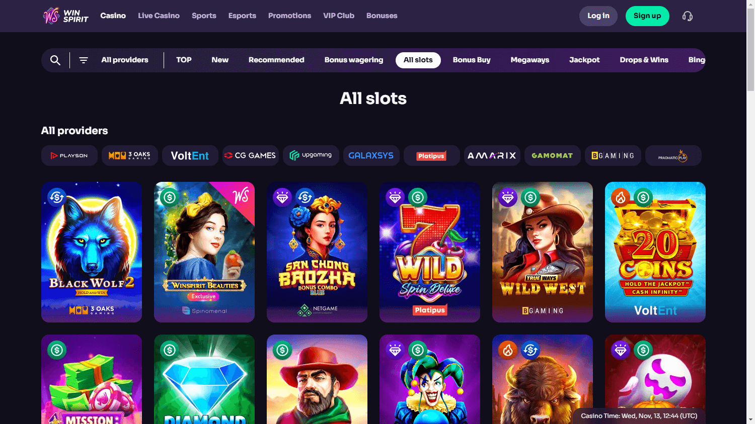 Winspirit Casino Game Gallery Interface