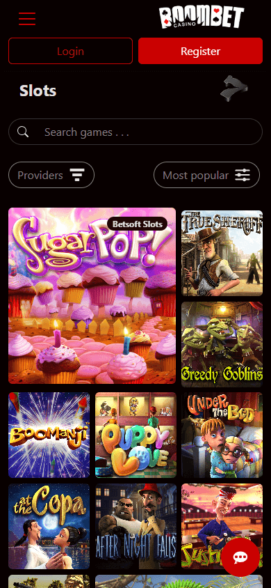 Boombet mobile app game gallery interface showcasing slots and table games