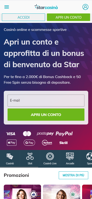 Schermata dell'app Starcasinò su dispositivo mobile