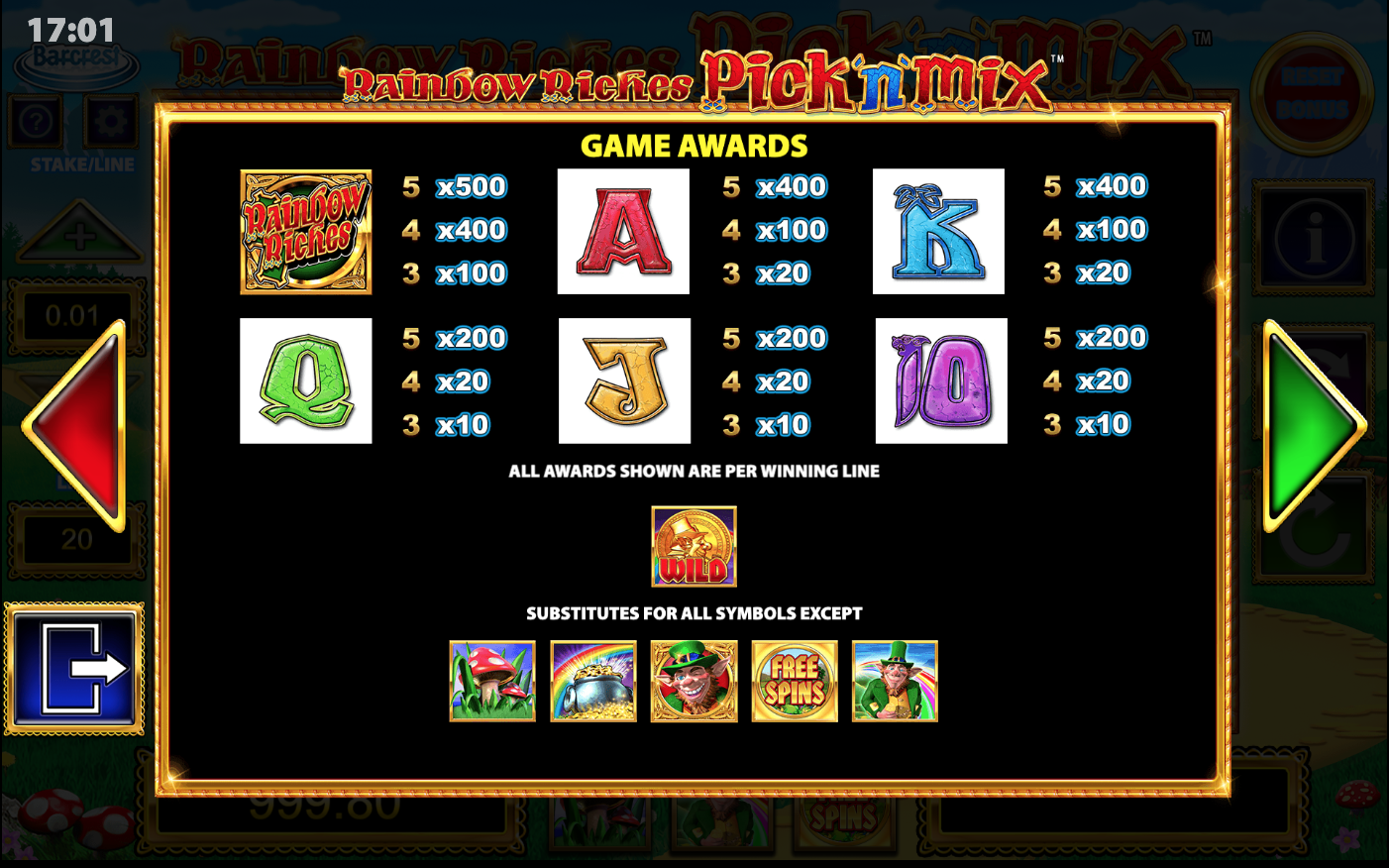 Rainbow Riches Pick'n'Mix full paytable