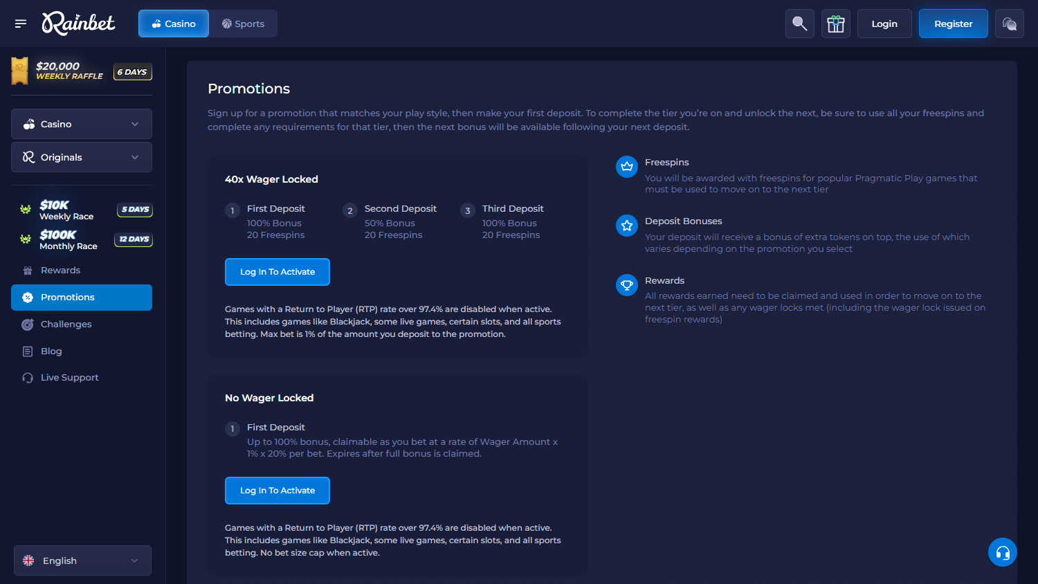 RainBet Casino promotional banners interface