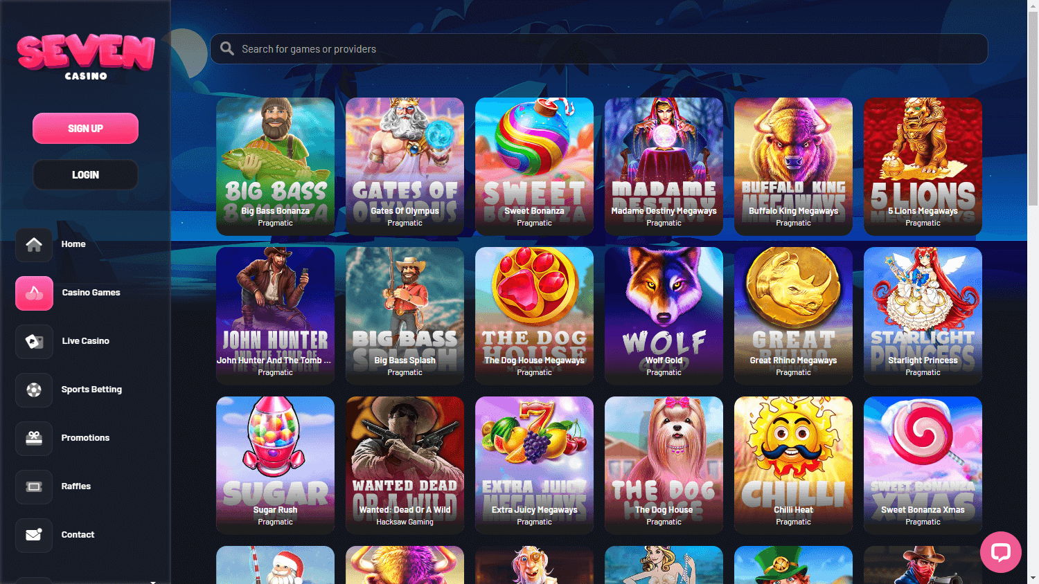 Interface des jeux Seven Casino Online