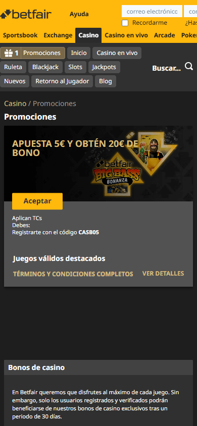 Vista móvil de las promociones de Betfair Casino España, mostrando un bono de bienvenida