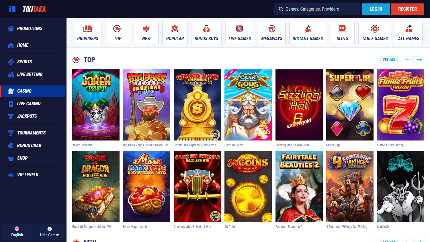 Tiki Taka Casino game gallery on desktop