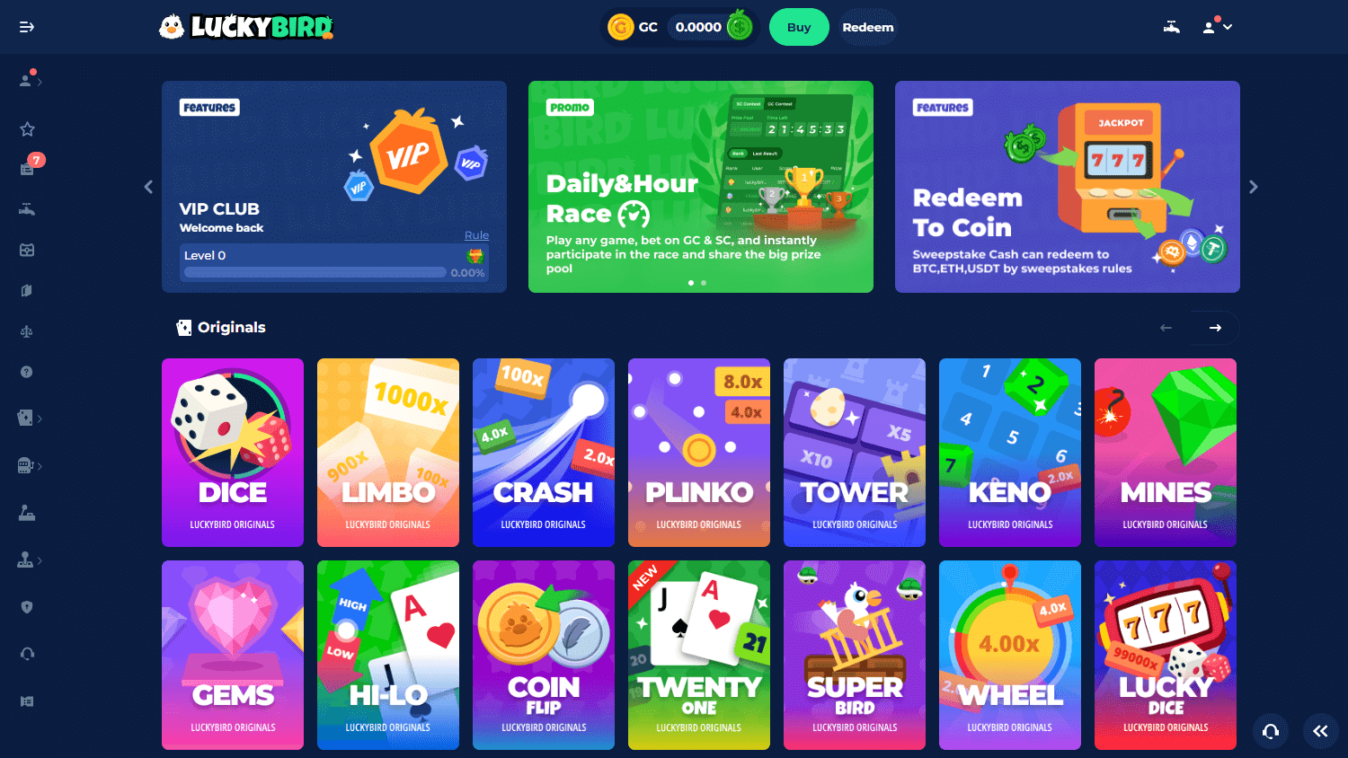 LuckyBird_Sweepstakes_Casino_homepage_desktop