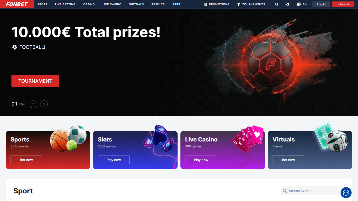 Schermata della homepage di Fonbet Casino su desktop