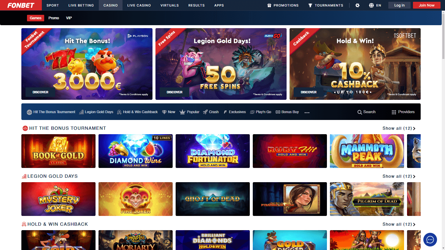Galleria di giochi Fonbet Casino su desktop