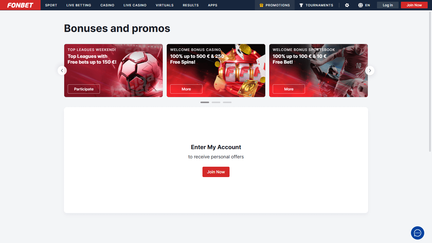 Schermata promozioni desktop del casino Fonbet