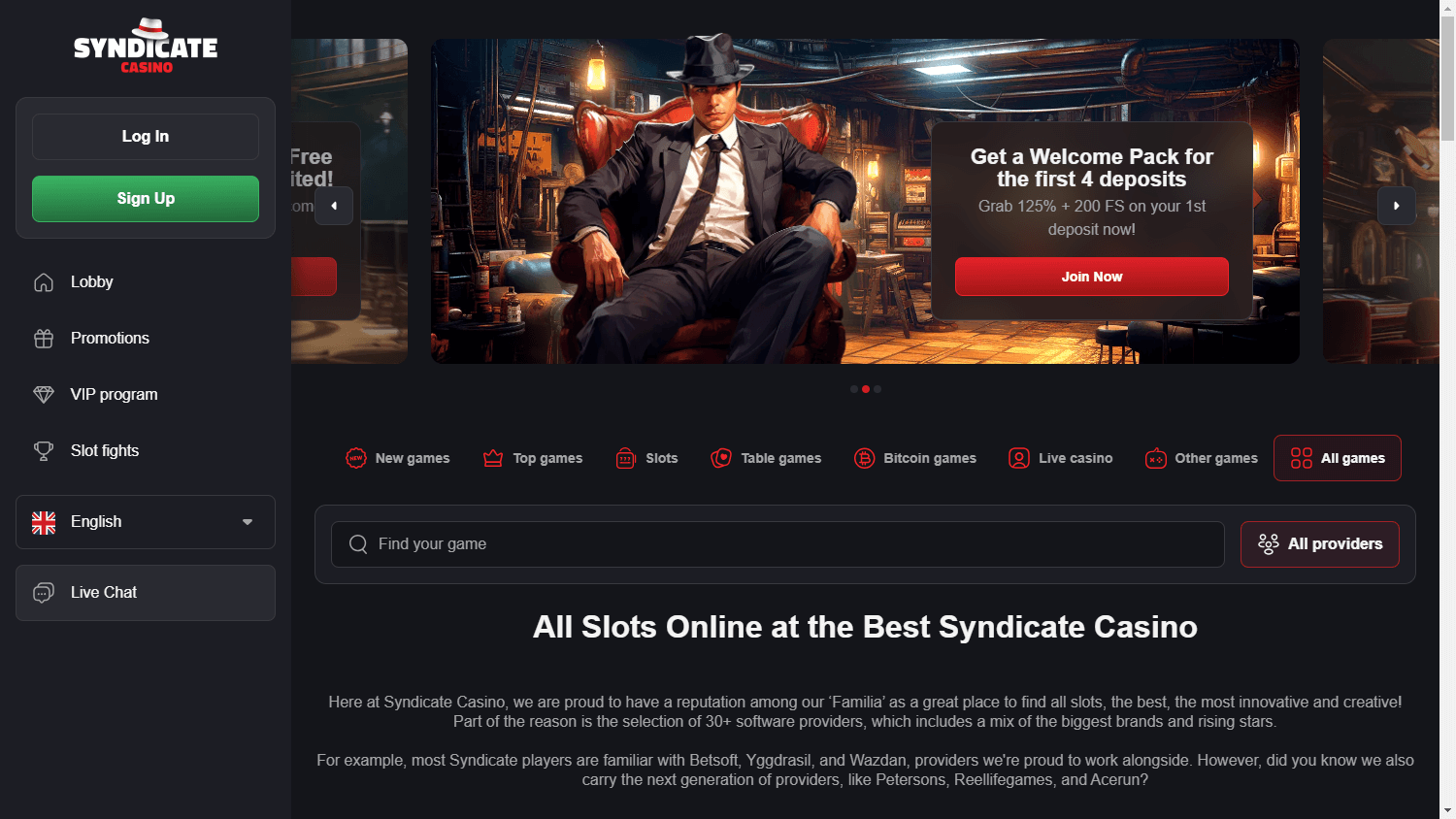 Syndicate casino game gallery on desktop