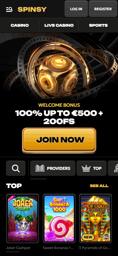 Spinsy Casino Homepage auf Mobile