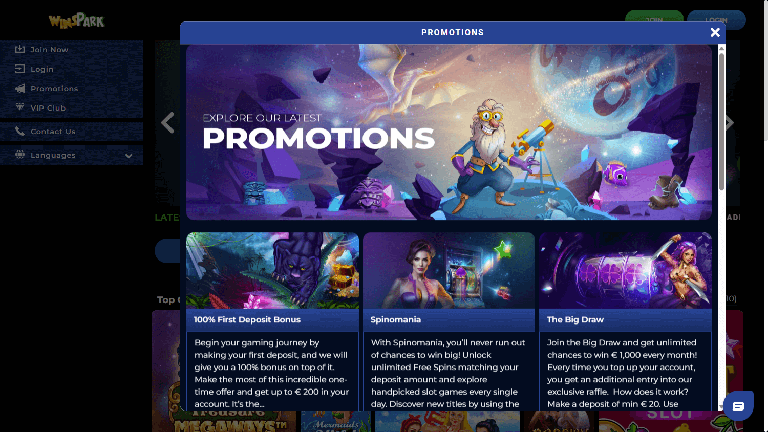 Schermata delle promozioni Winspark casino sul desktop che mostra diversi tipi di bonus disponibili.