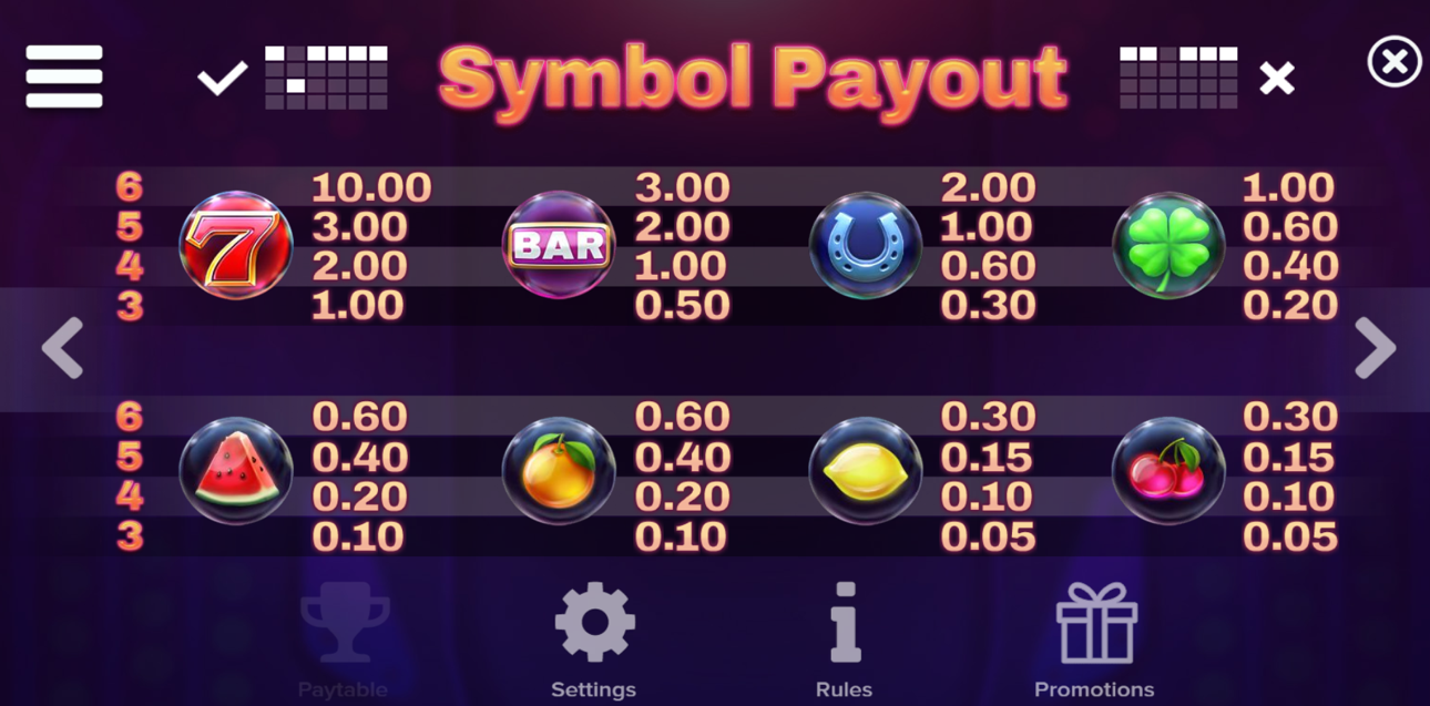 Bompers paytable