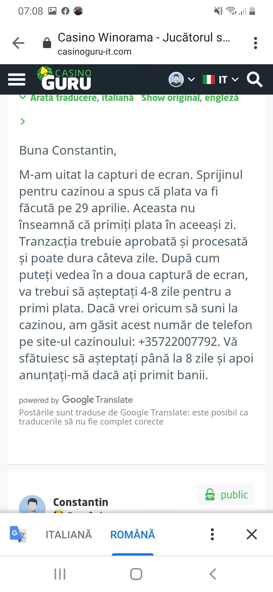 Winorama Casino - Player’s struggling to receive his winnings.