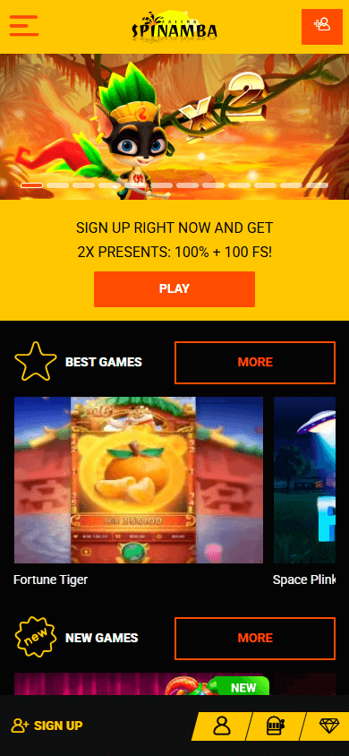Interfejs mobilny kasyna Spinamba pokazujący menu i wybór gier