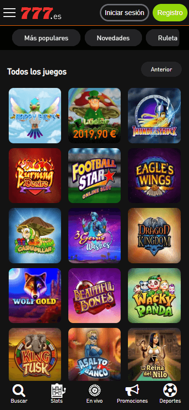 Captura de pantalla de la galería de juegos del 777 casino en dispositivo móvil, mostrando una variedad de tragamonedas