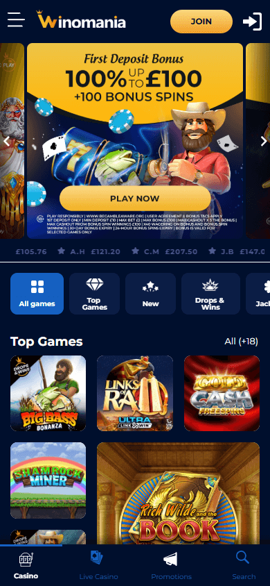 Winomania Casino Homepage Mobile Interface