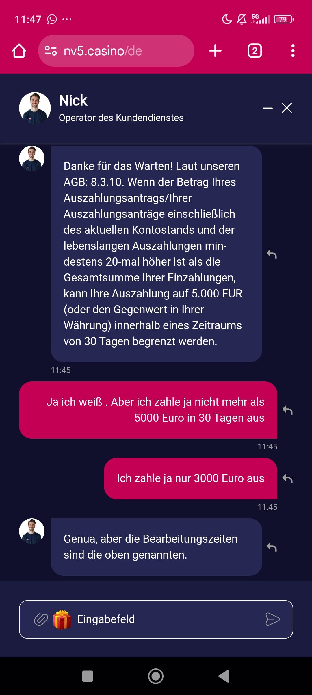 Screenshot des NV Casino Auszahlungsbereichs