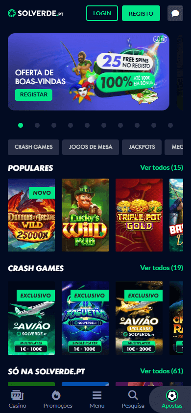 Captura de tela da página inicial do Solverde Casino no mobile