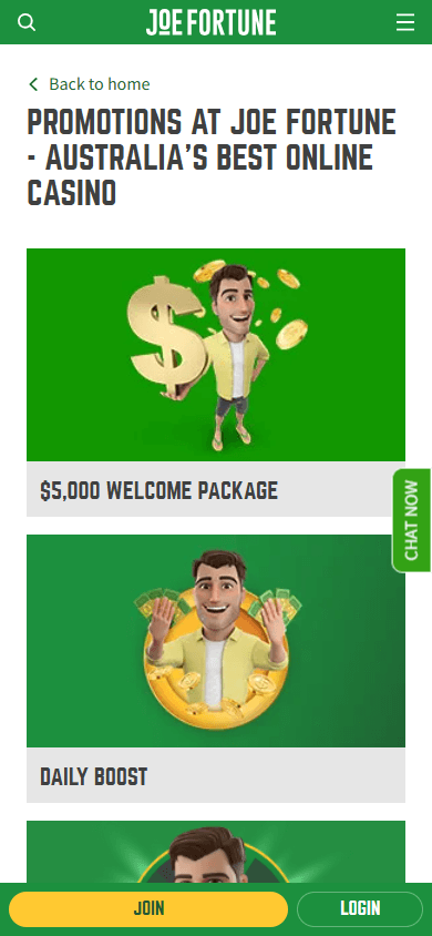 Joe Fortune Casino promotional interface on mobile device