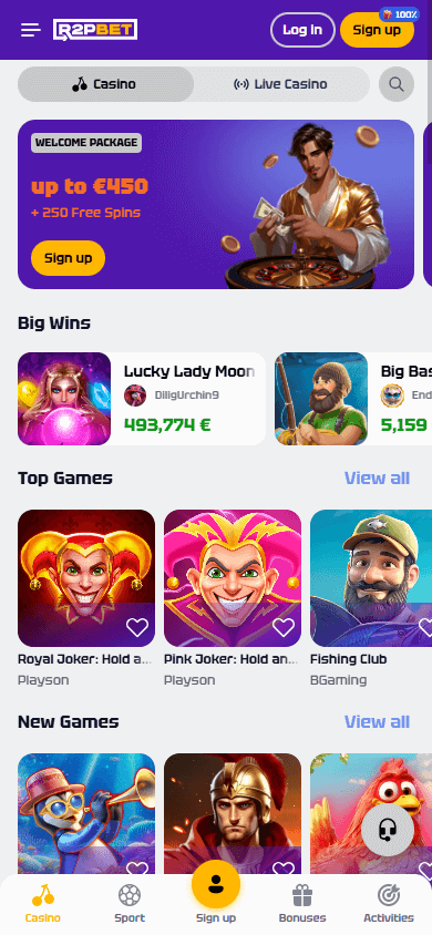 R2pbet Casino Homepage Mobile Interface