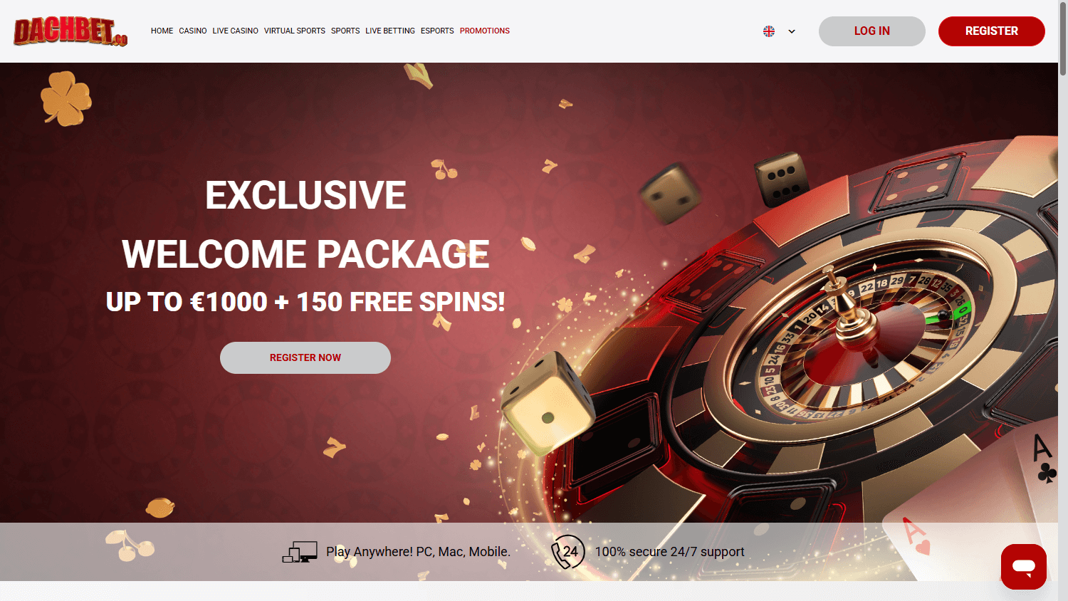 Screenshot der Dachbet Casino Homepage mit Überblick über Spiele und Promotionen