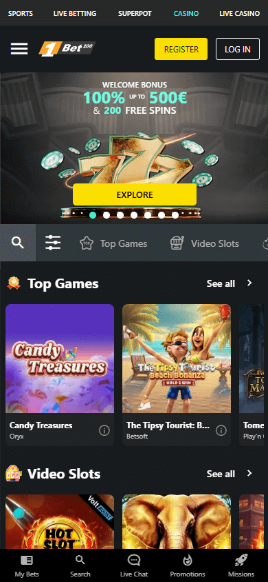 Interfaccia mobile di 1bet scommesse con galleria di giochi