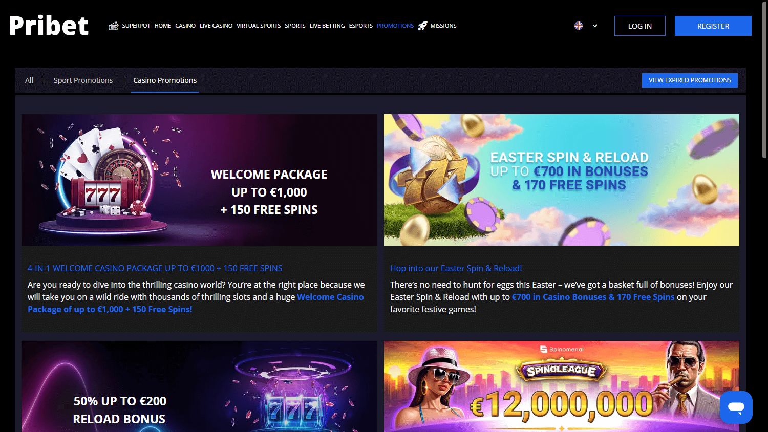 Screenshot delle promozioni Pribet sul desktop