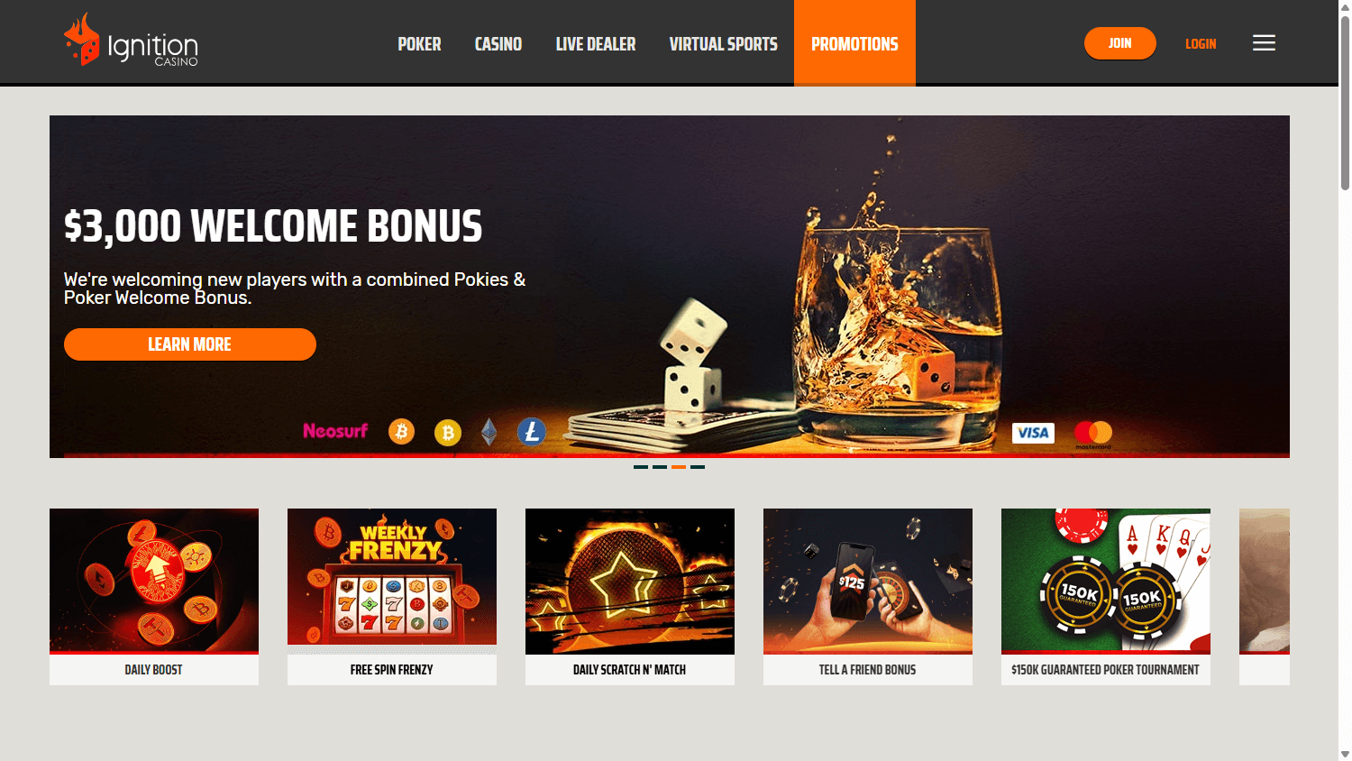 Ignition Casino promotional offers interface showing bonus codes and terms
