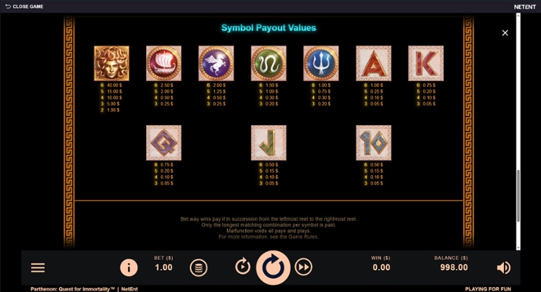 Parthenon: Quest for Immortality - paytable