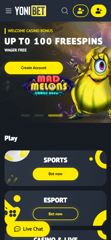 Capture d'écran de l'interface mobile Yonibet montrant la section des promotions et des jeux.