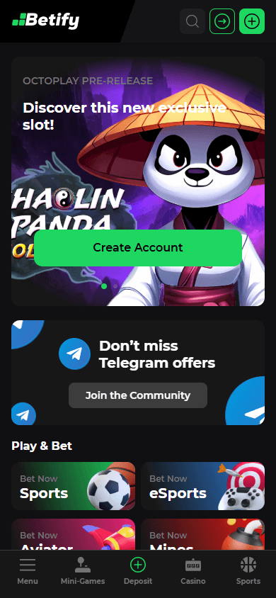 Captura de ecrã da homepage móvel do Betify Casino, mostrando o layout de jogos e menus