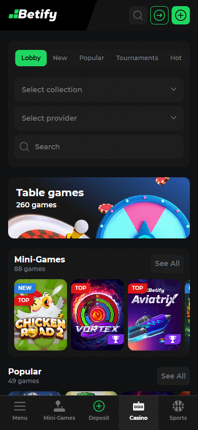 Betify Casino mobil spilloversikt