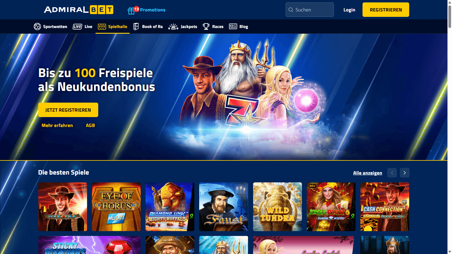 Schermata del casino online Admiralbet con una selezione di giochi
