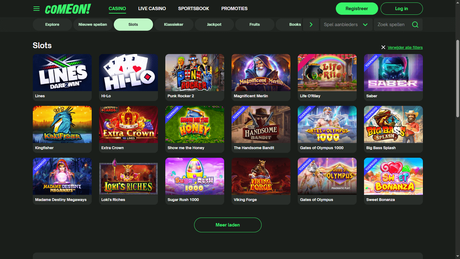 Overzicht van het spelaanbod en de lobby van Comeon Casino NL op desktop