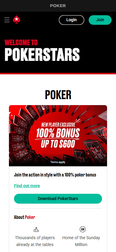 Captura de pantalla de la página de inicio del Casino PokerStars en móvil
