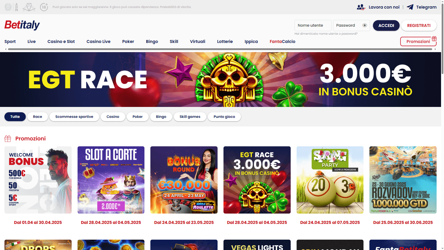 Interfaccia desktop delle promozioni del casinò Betitaly