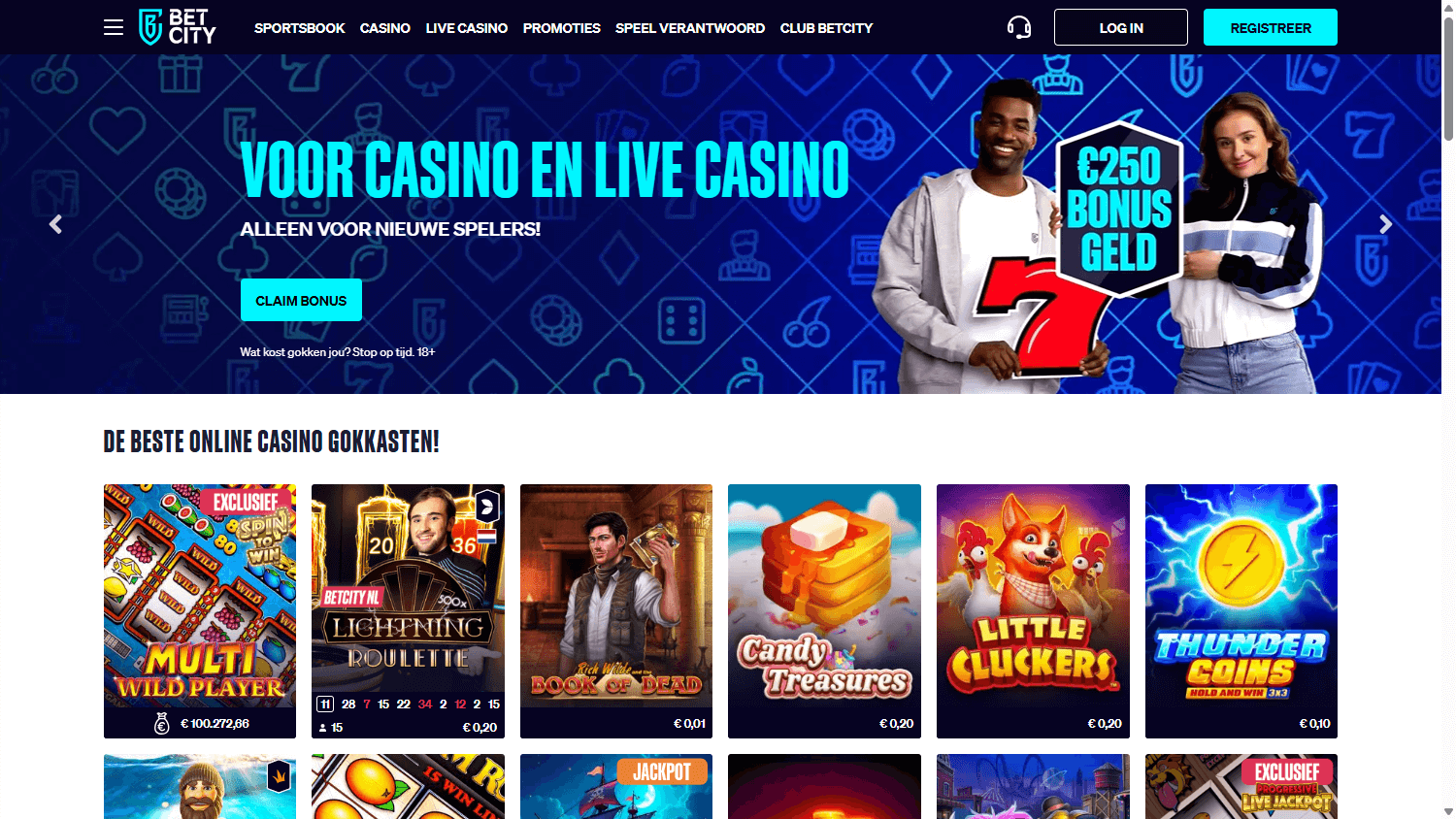 Screenshot van de Betcity casino homepage met sport- en casino-aanbod