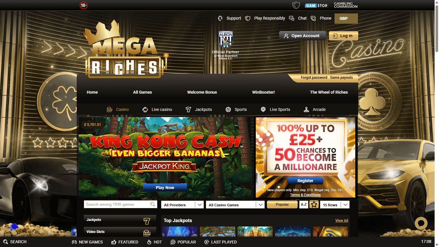 Mega Riches Casino homepage on desktop showing game lobby and promotions