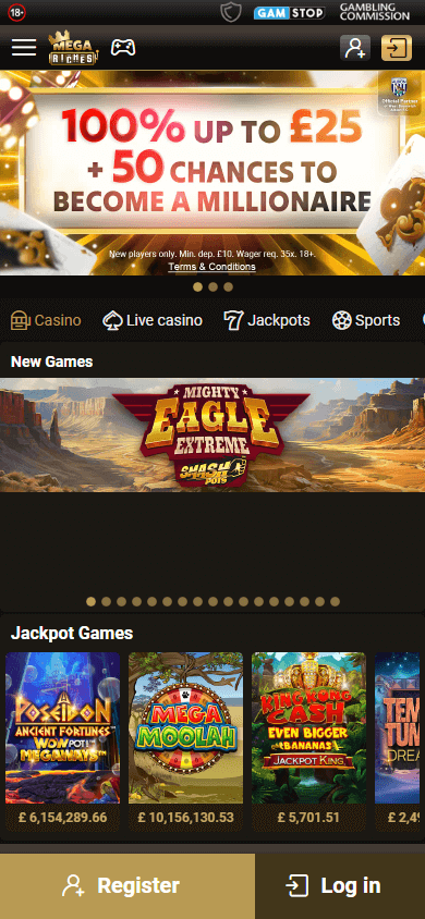 Mega Riches Casino mobile-optimized homepage interface