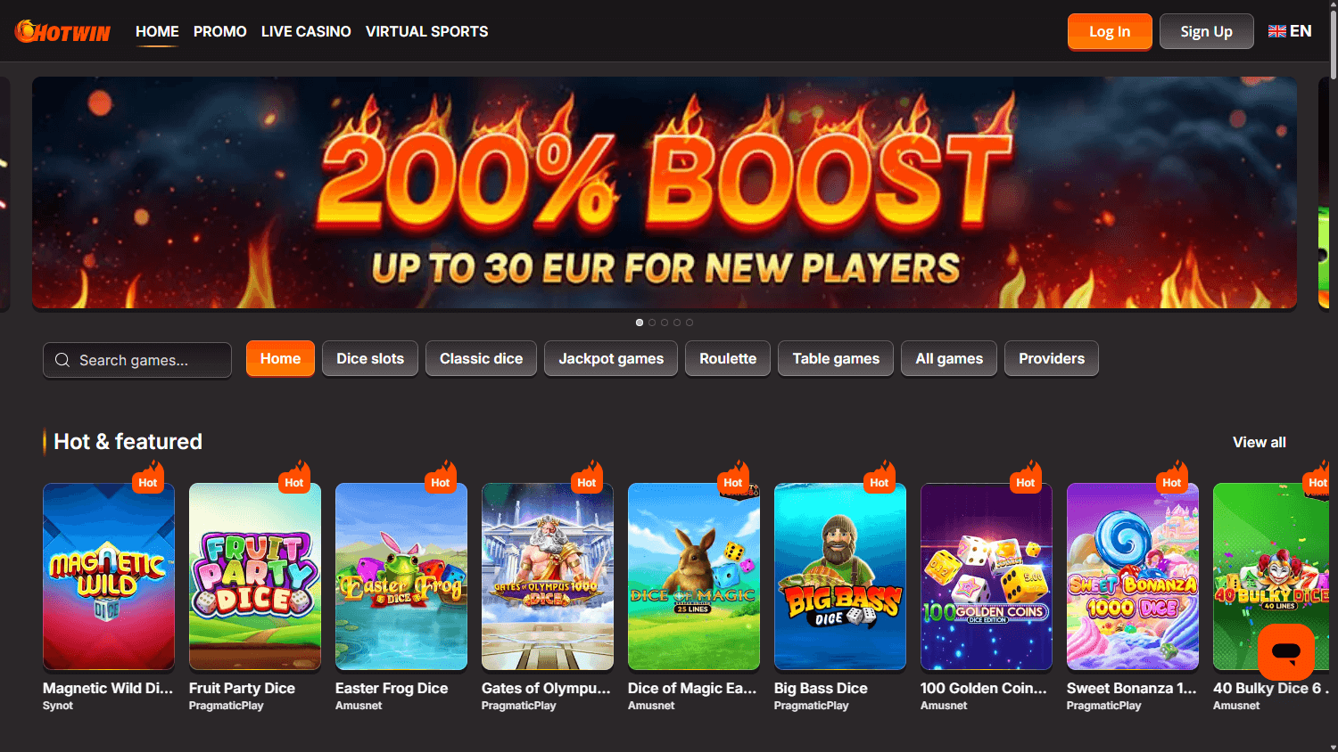 Screenshot van de Hotwin casino homepage op desktop