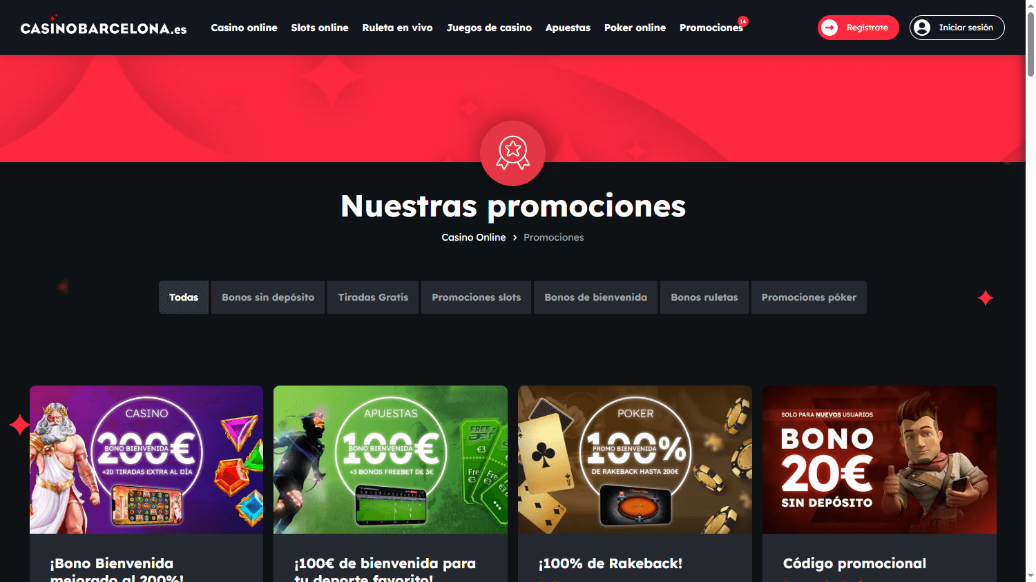 Interfaz de promociones y slots del Casino Barcelona online mostrando bonus y juegos populares