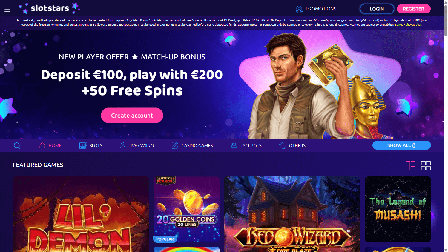 Slotstars homepage website screenshot
