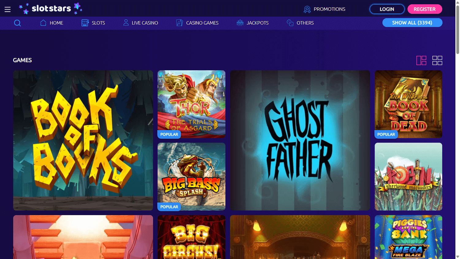 Slotstars casino lobby website screenshot