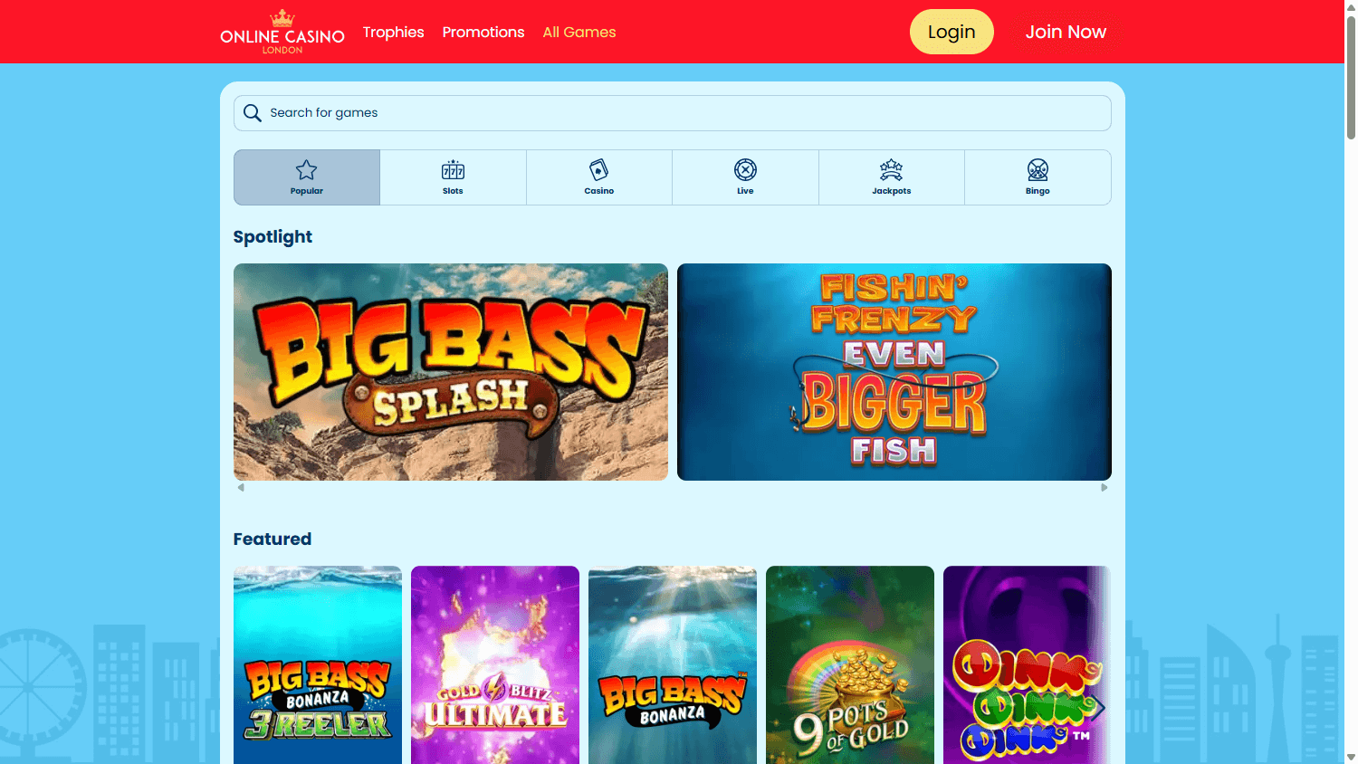 Online Casino London casino lobby website screenshot