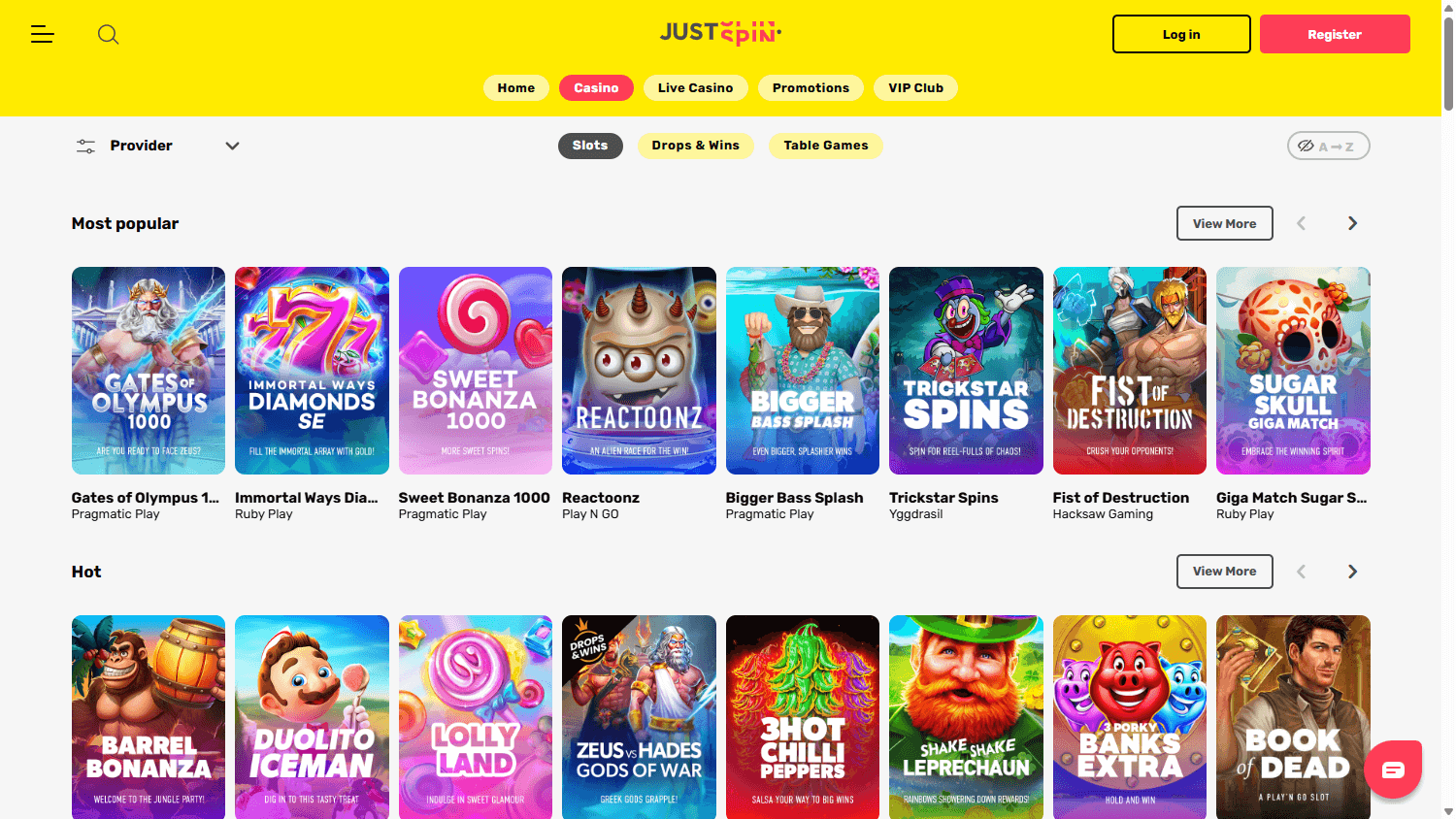 JustSpin Casino spillutvalg