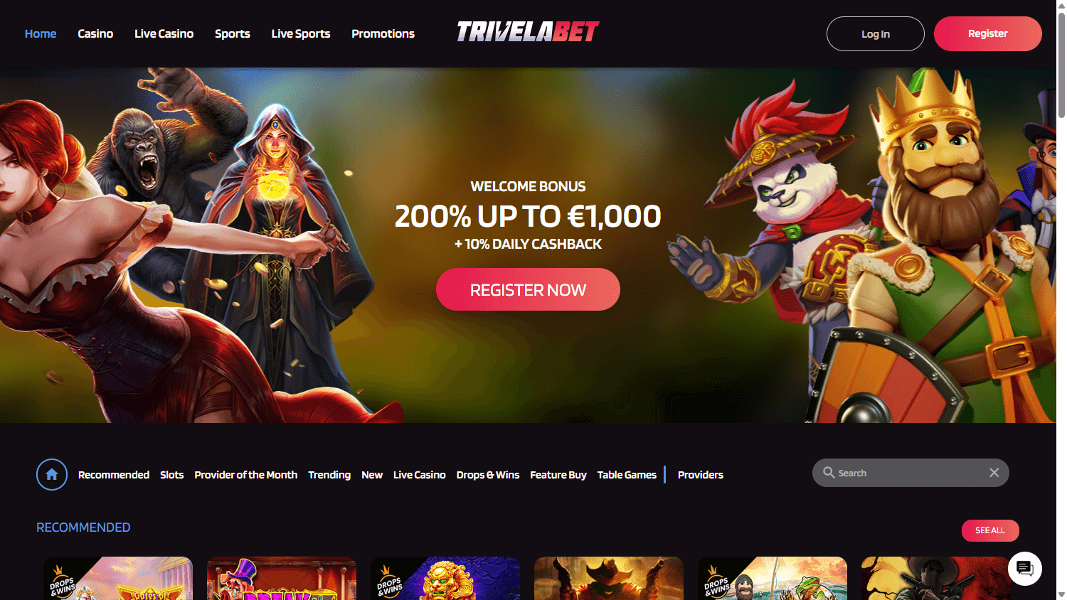 TrivelaBet_Casino_homepage_desktop