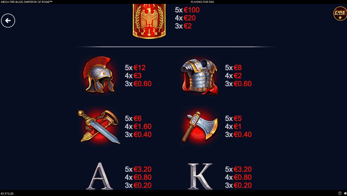 Mega Fire Blaze: Emperor of Rome - Paytable